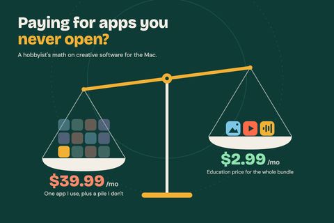 a balance scale weighing a tall pile of apps you never open against a small bundle you’d actually use
